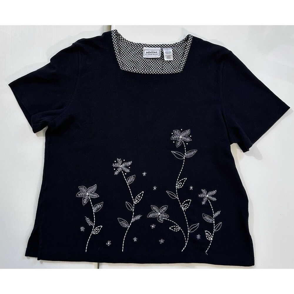 Vintage Y2K Embroidered Floral Top Large Cottagecore Gingham 90s Black